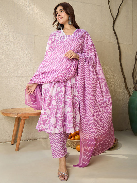 Indo Era Lavender Printed A-Line Kurta Trousers With Dupatta set
