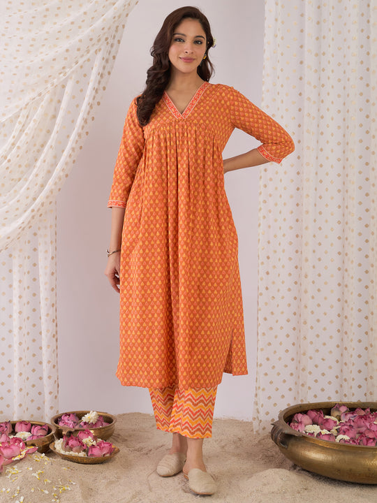 Indo Era Orange Printed A-Line Kurta Trousers set
