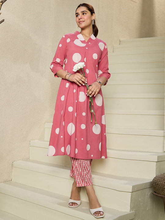 Indo Era Pink Printed A-Line Kurta Trousers set