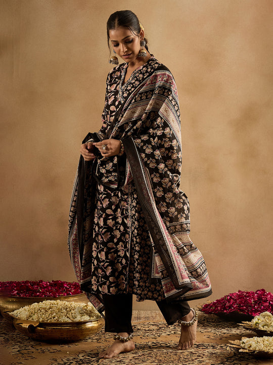 Indo Era Black Printed A-Line Kurta Trousers With Dupatta set