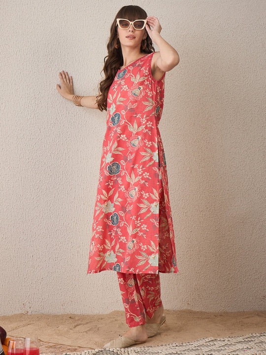 Indo Era Pink Printed Straight Kurta Trousers Set