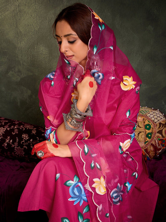 Indo Era Pink Embroidered Straight Kurta Trousers With Dupatta Set