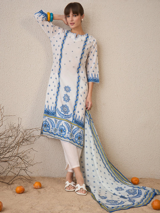 Indo Era White Printed Straight Kurta Trousers With Dupatta Set