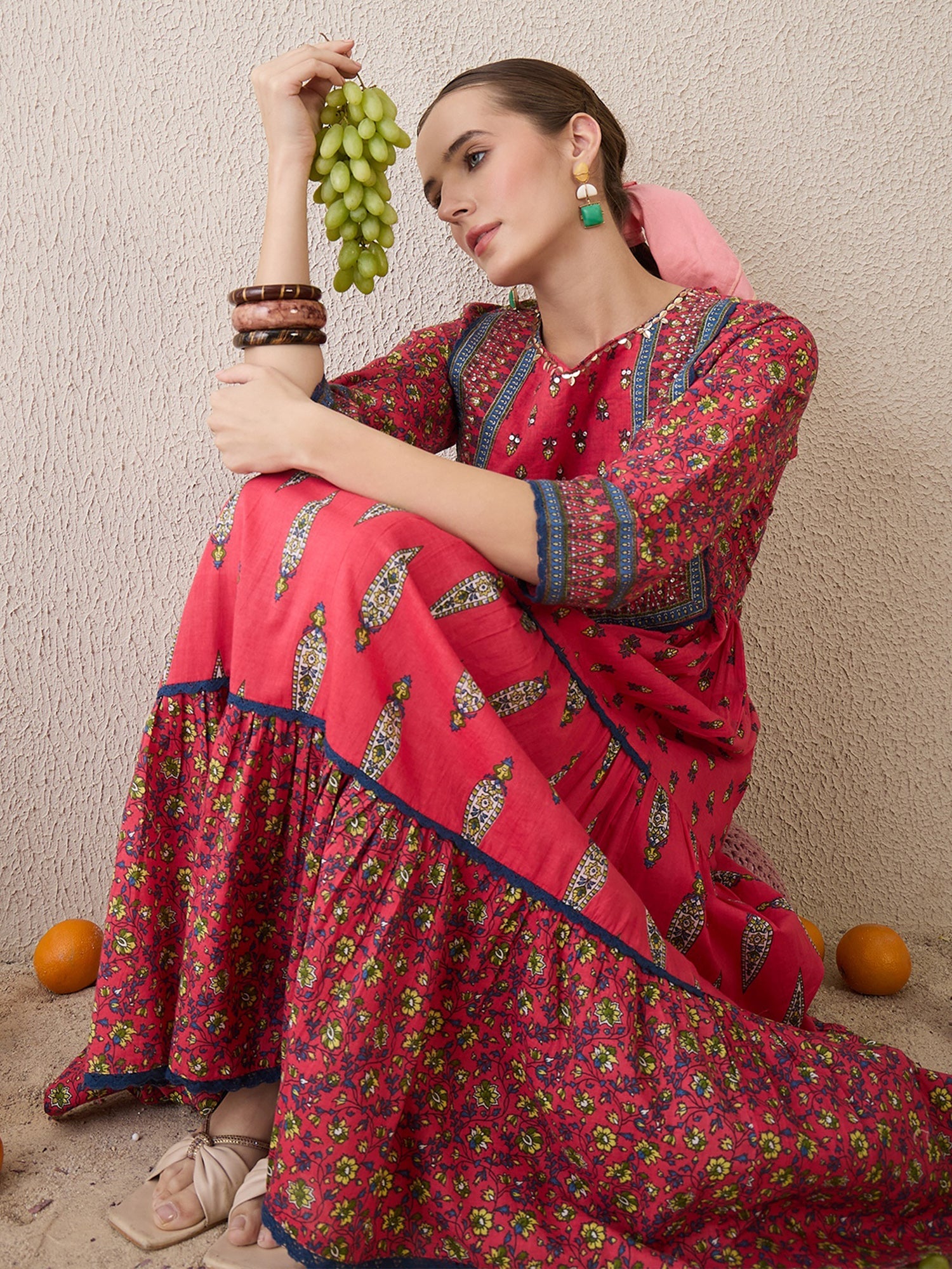 Vaira Red Cotton Anarkali Suit Set main image 0