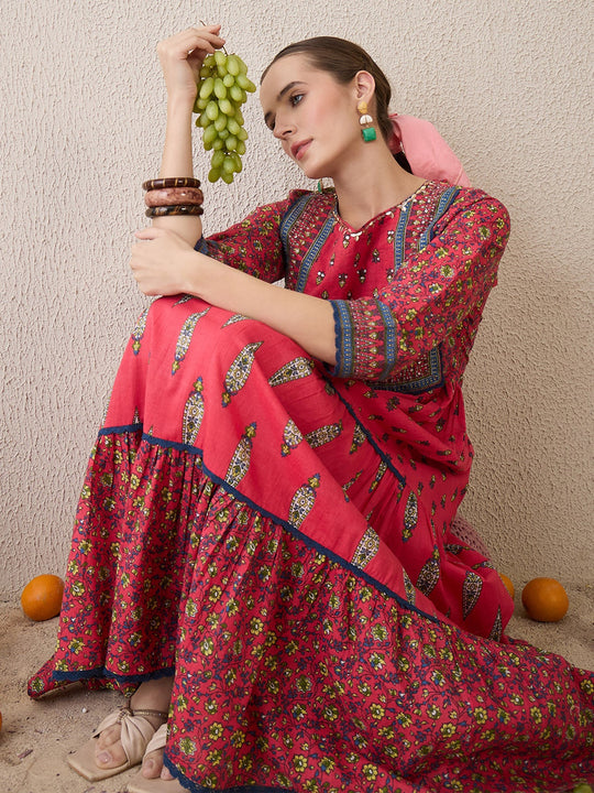 Indo Era Red Printed Anarkali Kurta