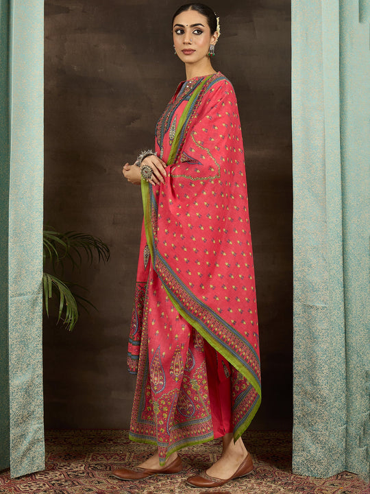 Red Printed Pure Cotton Straight Suit Set With Dupatta