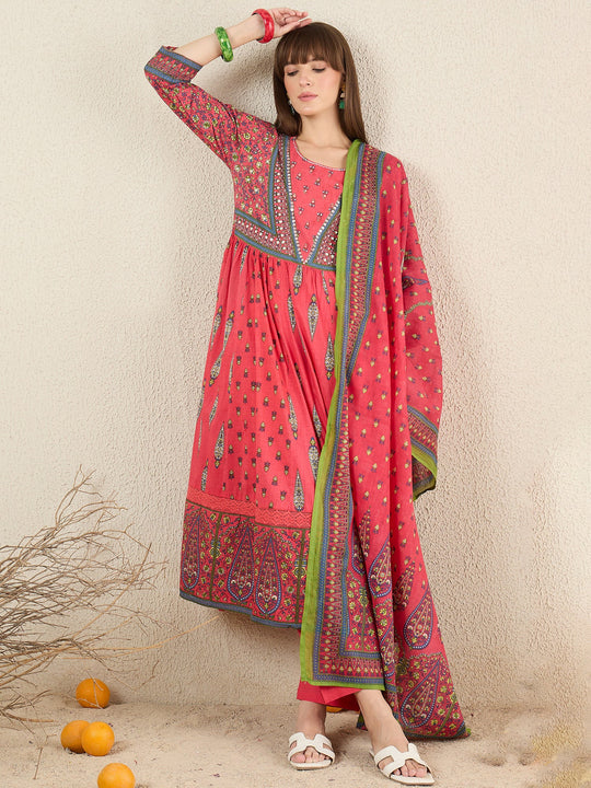 Red Printed Pure Cotton Anarkali Kurta Sets With Dupatta