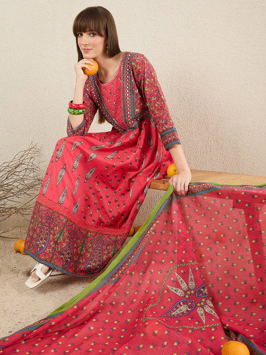 Red Printed Pure Cotton Anarkali Kurta Sets With Dupatta