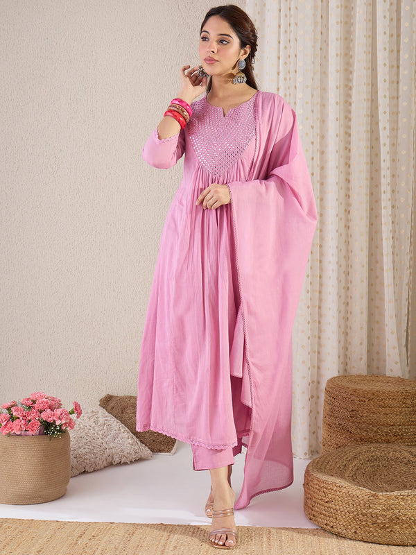 Pink Embroidered A-Line Pure Cotton Kurta Set With Dupatta