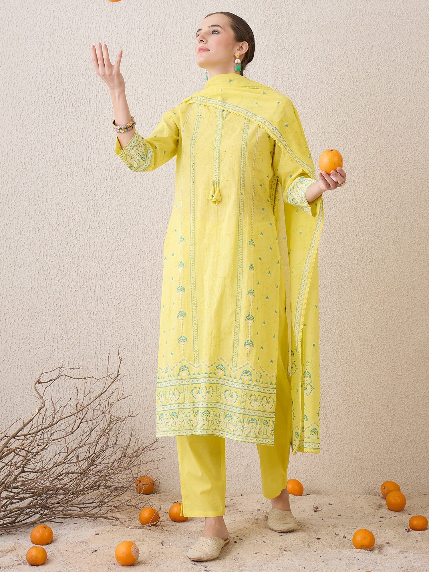 indo era, suit, kurta set for women, indo era kurta, kurta sets for ladies, summer dresses for women, 3 piece suit, cotton kurta set for women, new arrivals, women kurti plazo set, women in suit, kurta suit, floral kurta, short suit, spring summer, Yellow suit