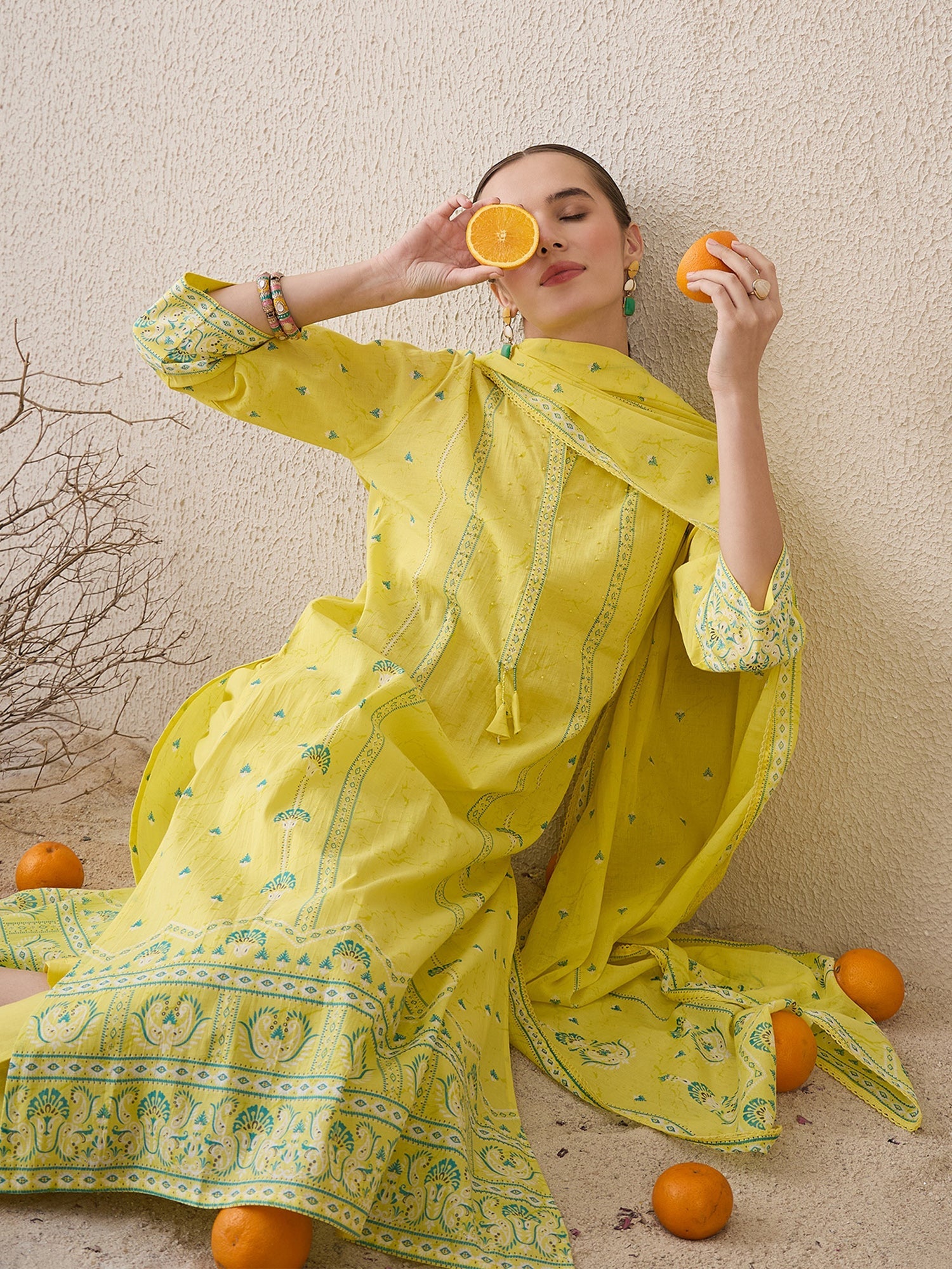 indo era, suit, kurta set for women, indo era kurta, kurta sets for ladies, summer dresses for women, 3 piece suit, cotton kurta set for women, new arrivals, women kurti plazo set, women in suit, kurta suit, floral kurta, short suit, spring summer, Yellow suit