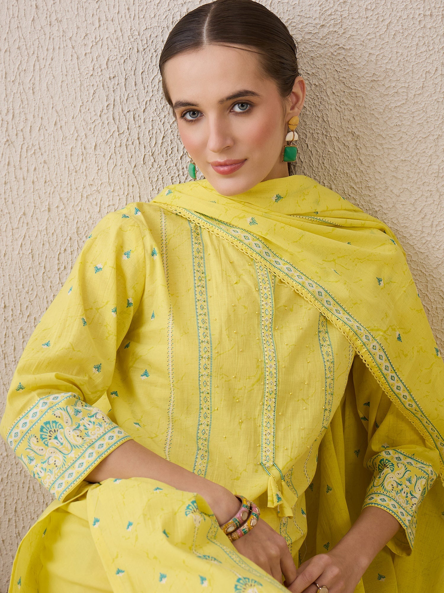 indo era, suit, kurta set for women, indo era kurta, kurta sets for ladies, summer dresses for women, 3 piece suit, cotton kurta set for women, new arrivals, women kurti plazo set, women in suit, kurta suit, floral kurta, short suit, spring summer, Yellow suit