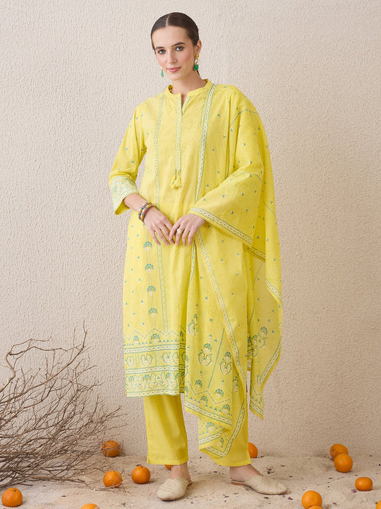 Indo Era Yellow Printed Straight Kurta Trousers With Dupatta Set