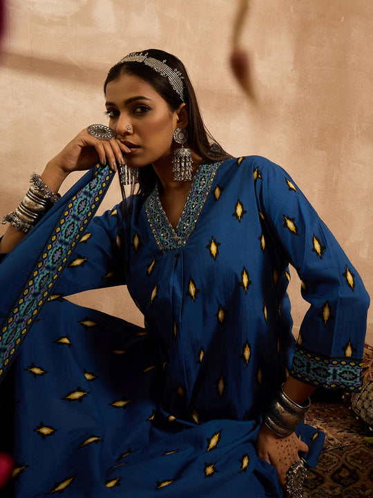Indo Era Blue Embroidered A-Line Kurta Trousers With Dupatta Set