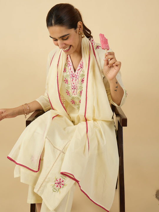 Off White Embroidered Straight Kurta Trousers With Dupatta