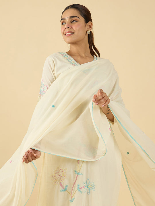 Off White Embroidered Straight Pure Cotton Kurta Set With Dupatta