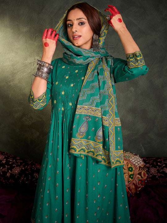 Indo Era Teal Embroidered A-Line Kurta Trousers With Dupatta Set