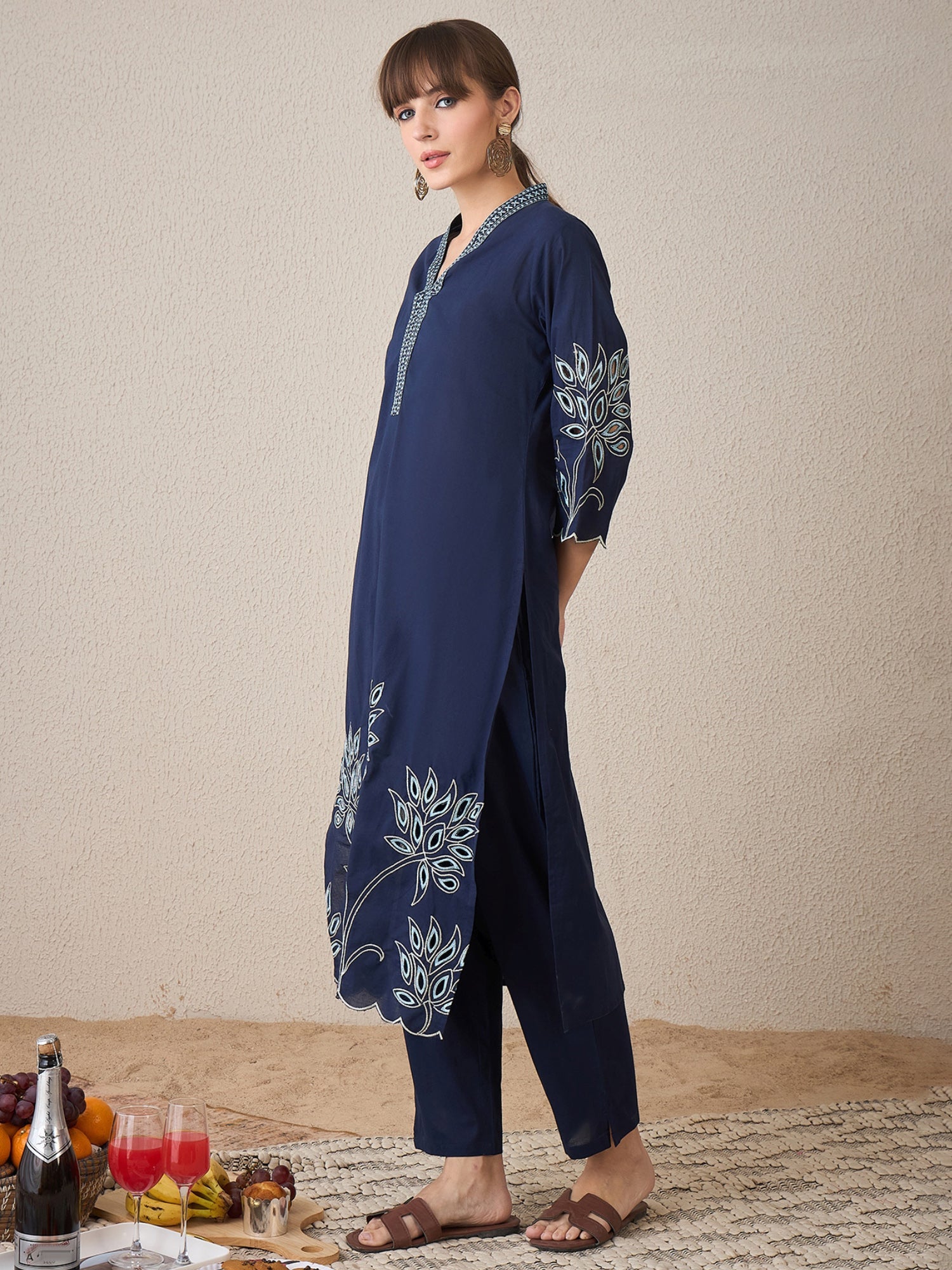 indo era, suit, kurta set for women, indo era kurta, kurta sets for ladies, summer dresses for women, 3 piece suit, cotton kurta set for women, new arrivals, women kurti plazo set, women in suit, kurta suit, floral kurta, short suit, spring summer, Navy Blue suit