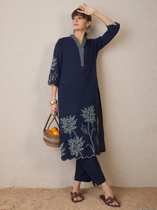 Indo Era Navy Blue Embroidered Straight Kurta Set