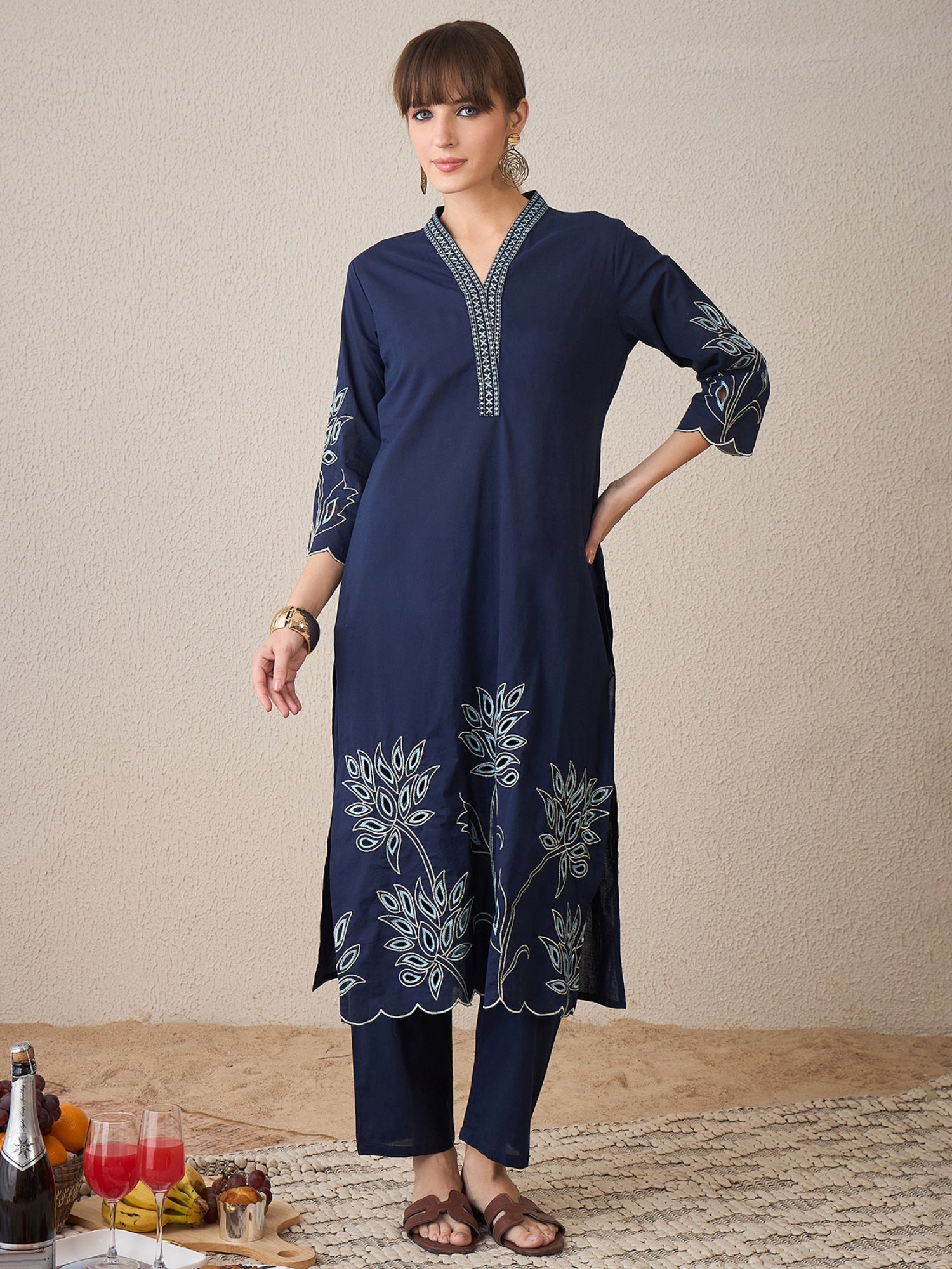 indo era, suit, kurta set for women, indo era kurta, kurta sets for ladies, summer dresses for women, 3 piece suit, cotton kurta set for women, new arrivals, women kurti plazo set, women in suit, kurta suit, floral kurta, short suit, spring summer, Navy Blue suit
