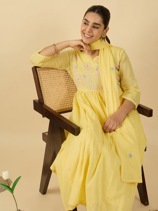 Yellow Embroidered A-Line Cotton Suit With Dupatta