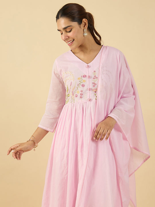 Pink Embroidered A-Line Kurta Trousers With Dupatta