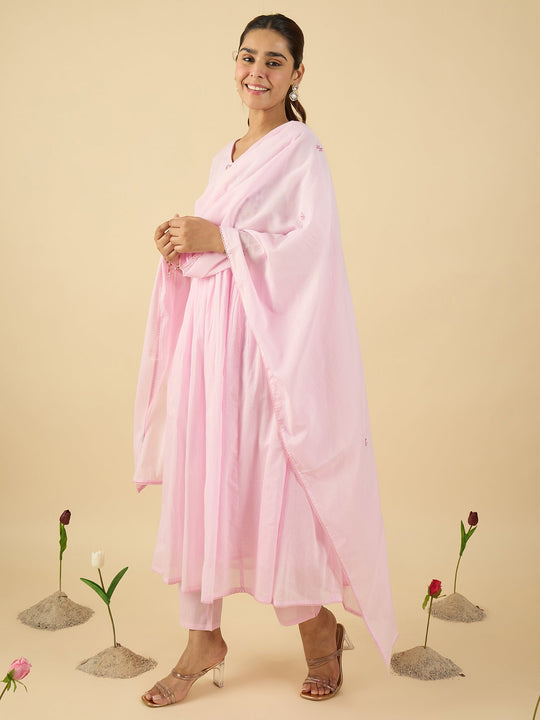 Pink Embroidered A-Line Kurta Trousers With Dupatta