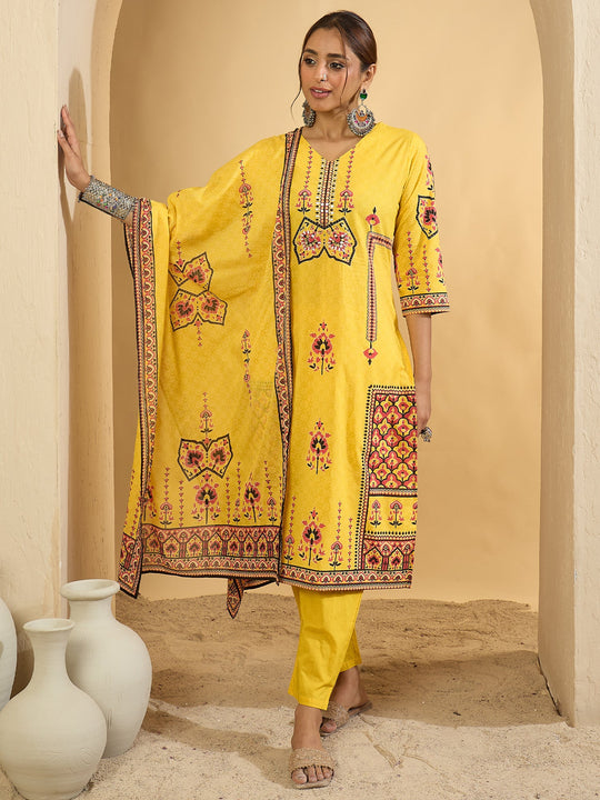 Yellow Printed Pure Cotton Straight Kurta Set With Dupatta