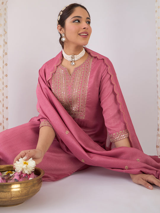 Indo Era Mauve Embroidered Straight Kurta Trousers With Dupatta Set