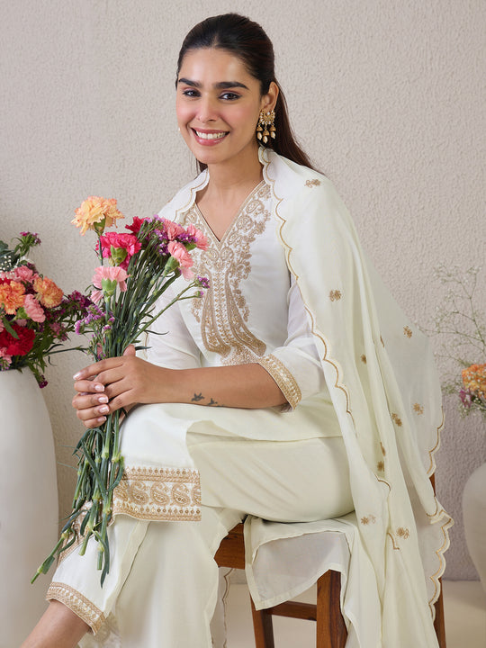 Indo Era White Embroidered Straight Kurta Trousers With Dupatta Set