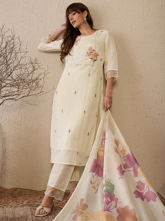 Indo Era White Embroidered Straight Kurta Trousers With Dupatta Set