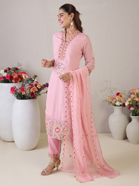 Pink Embroidered Straight Kurta Pant With Dupatta Set