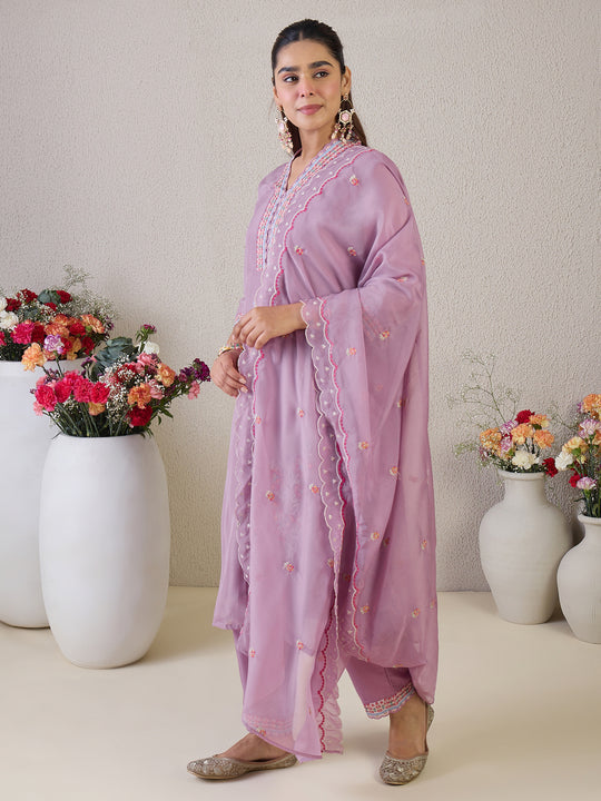Indo Era Purple Embroidered Straight Kurta Trousers With Dupatta Set