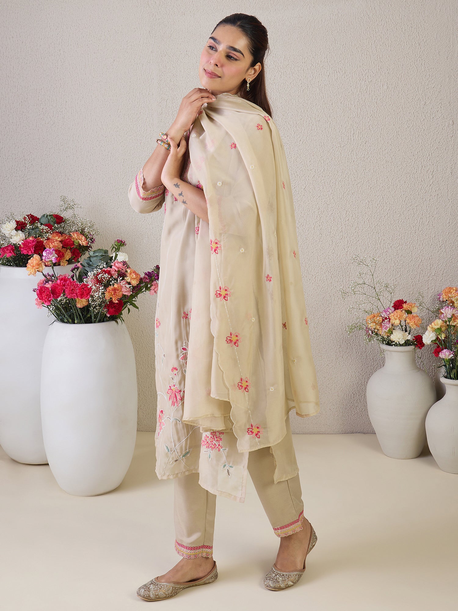 indo era, suit, kurta set for women, indo era kurta, kurta sets for ladies, summer dresses for women, 3 piece suit, cotton kurta set for women, new arrivals, women kurti plazo set, women in suit, kurta suit, floral kurta, short suit, spring summer, Beige suit