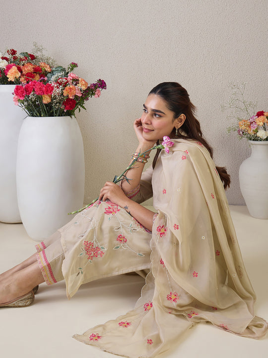Beige Embroidered Straight Kurta Trousers With Dupatta