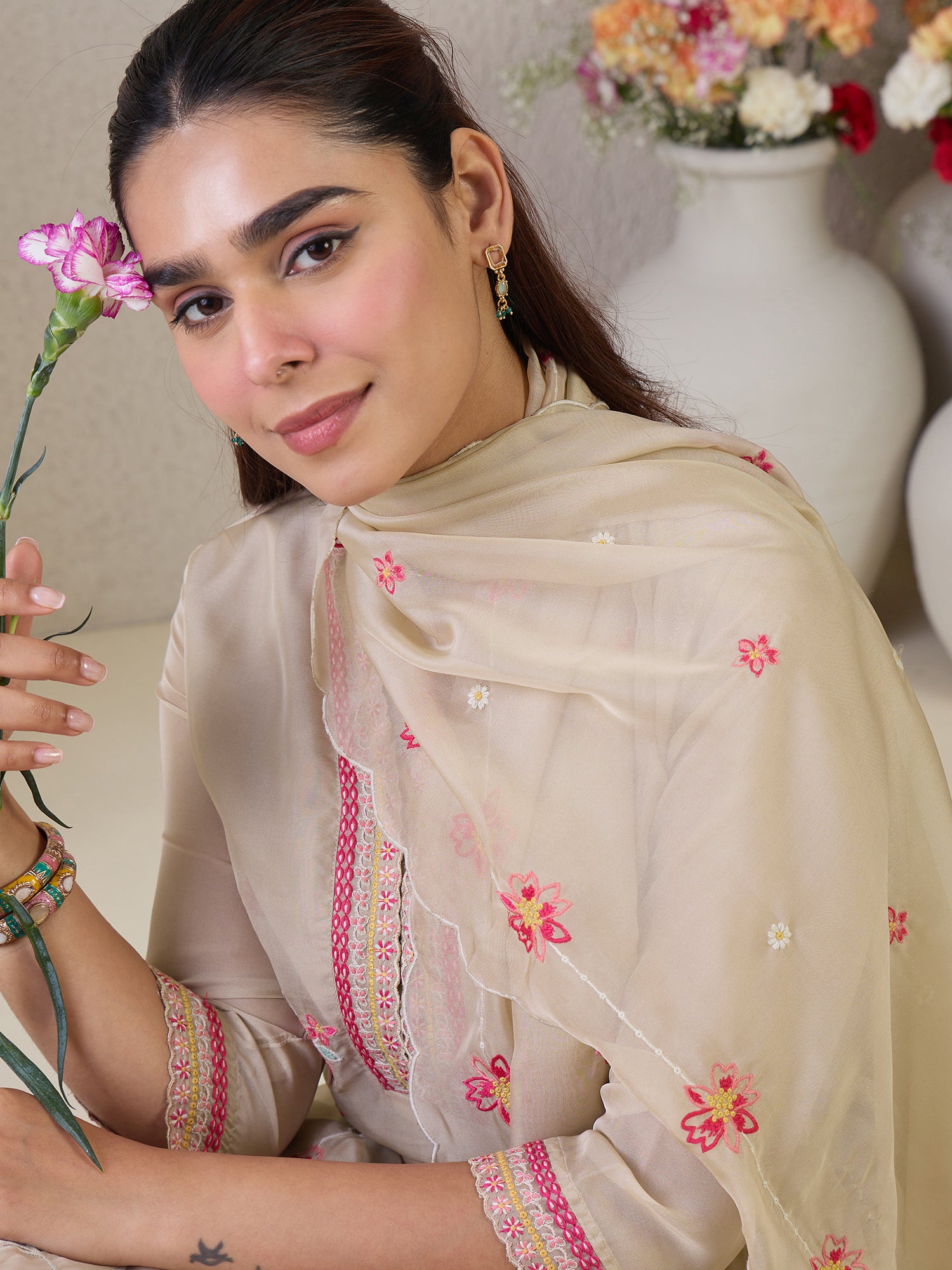 indo era, suit, kurta set for women, indo era kurta, kurta sets for ladies, summer dresses for women, 3 piece suit, cotton kurta set for women, new arrivals, women kurti plazo set, women in suit, kurta suit, floral kurta, short suit, spring summer, Beige suit