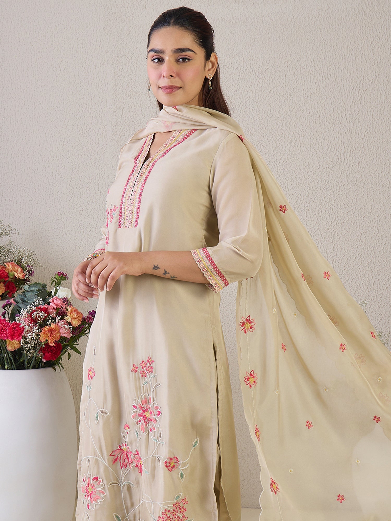 indo era, suit, kurta set for women, indo era kurta, kurta sets for ladies, summer dresses for women, 3 piece suit, cotton kurta set for women, new arrivals, women kurti plazo set, women in suit, kurta suit, floral kurta, short suit, spring summer, Beige suit