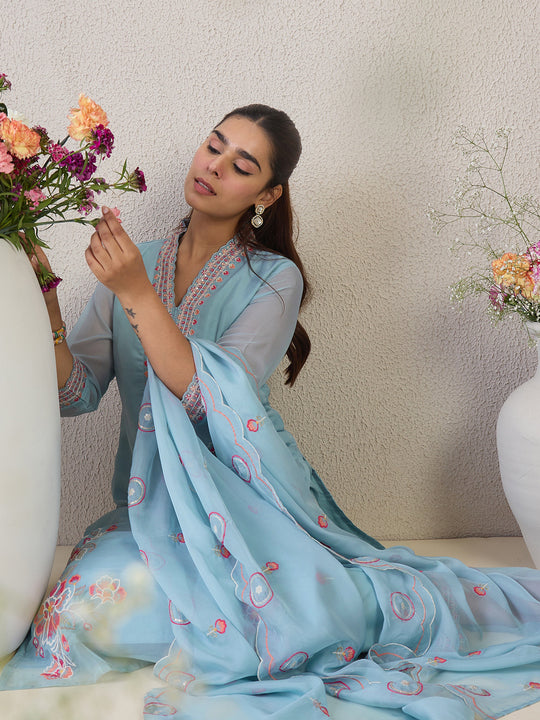 Blue Floral Embroidered Organza Straight Kurta Trouser With Dupatta