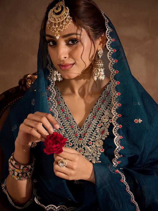 Indo Era Teal Embroidered Straight Kurta Trousers With Dupatta Set