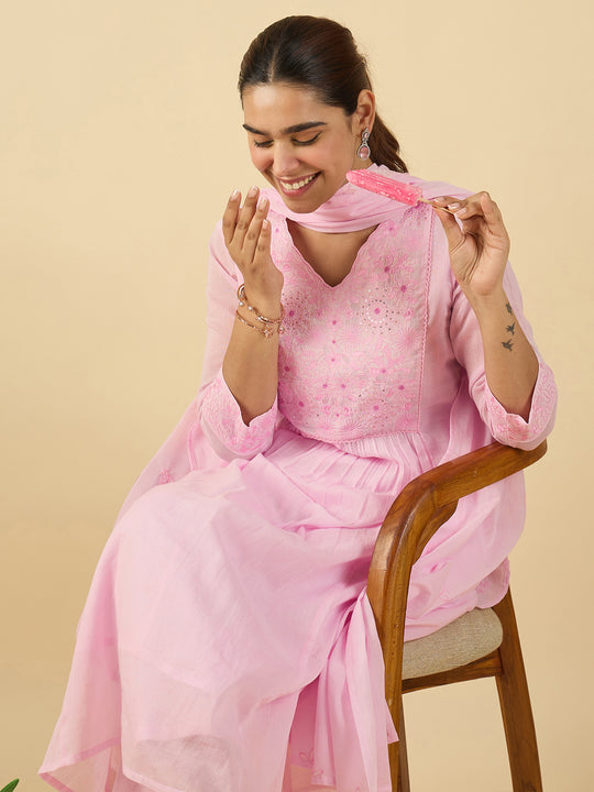 Indo Era Pink Embroidered A-Line Kurta Trousers With Dupatta Set
