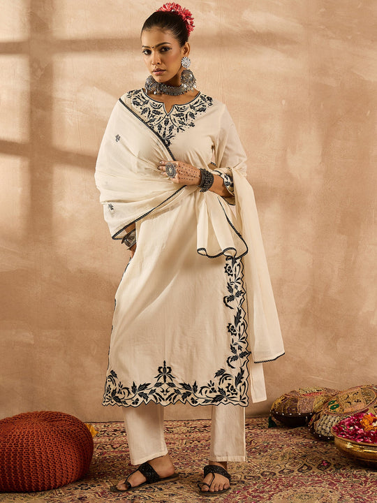 Indo Era Off White Embroidered Straight Kurta Trousers With Dupatta Set