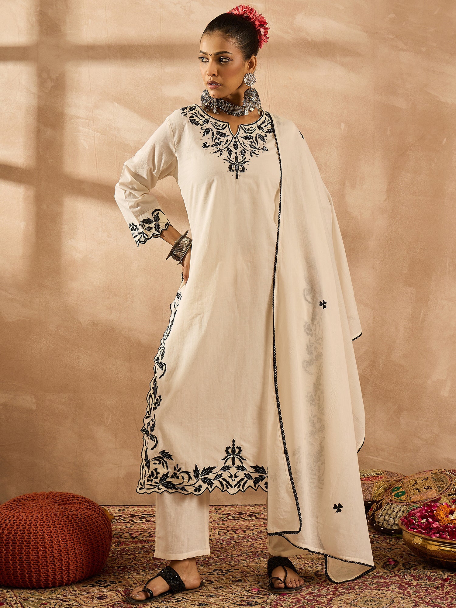 indo era, suit, kurta set for women, indo era kurta, kurta sets for ladies, summer dresses for women, 3 piece suit, cotton kurta set for women, new arrivals, women kurti plazo set, women in suit, kurta suit, floral kurta, short suit, spring summer, Off White suit
