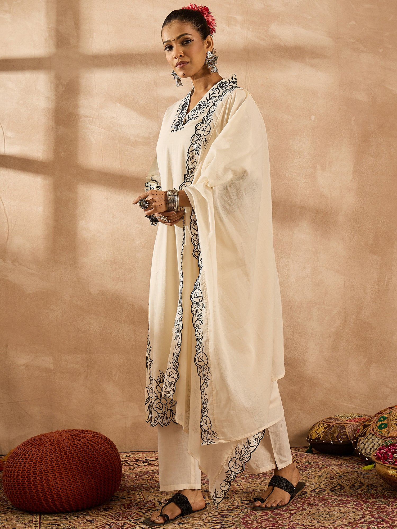 indo era, suit, kurta set for women, indo era kurta, kurta sets for ladies, summer dresses for women, 3 piece suit, cotton kurta set for women, new arrivals, women kurti plazo set, women in suit, kurta suit, floral kurta, short suit, spring summer, Off White suit