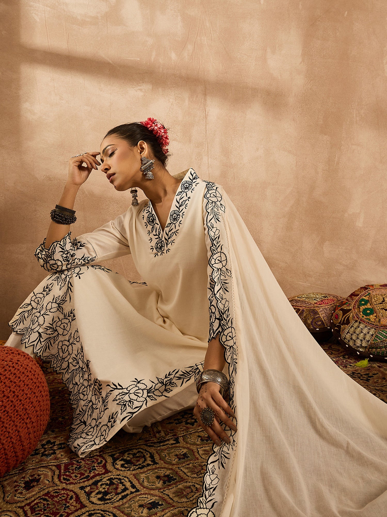 indo era, suit, kurta set for women, indo era kurta, kurta sets for ladies, summer dresses for women, 3 piece suit, cotton kurta set for women, new arrivals, women kurti plazo set, women in suit, kurta suit, floral kurta, short suit, spring summer, Off White suit