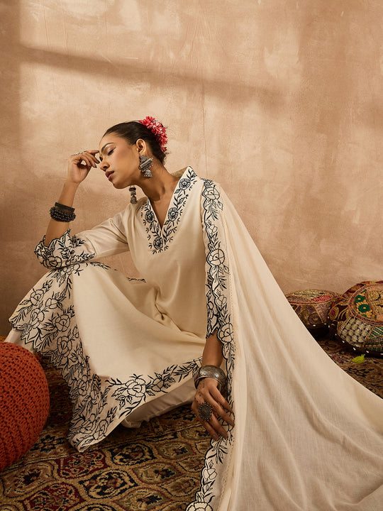 Indo Era Off White Embroidered Straight Kurta Trousers With Dupatta Set