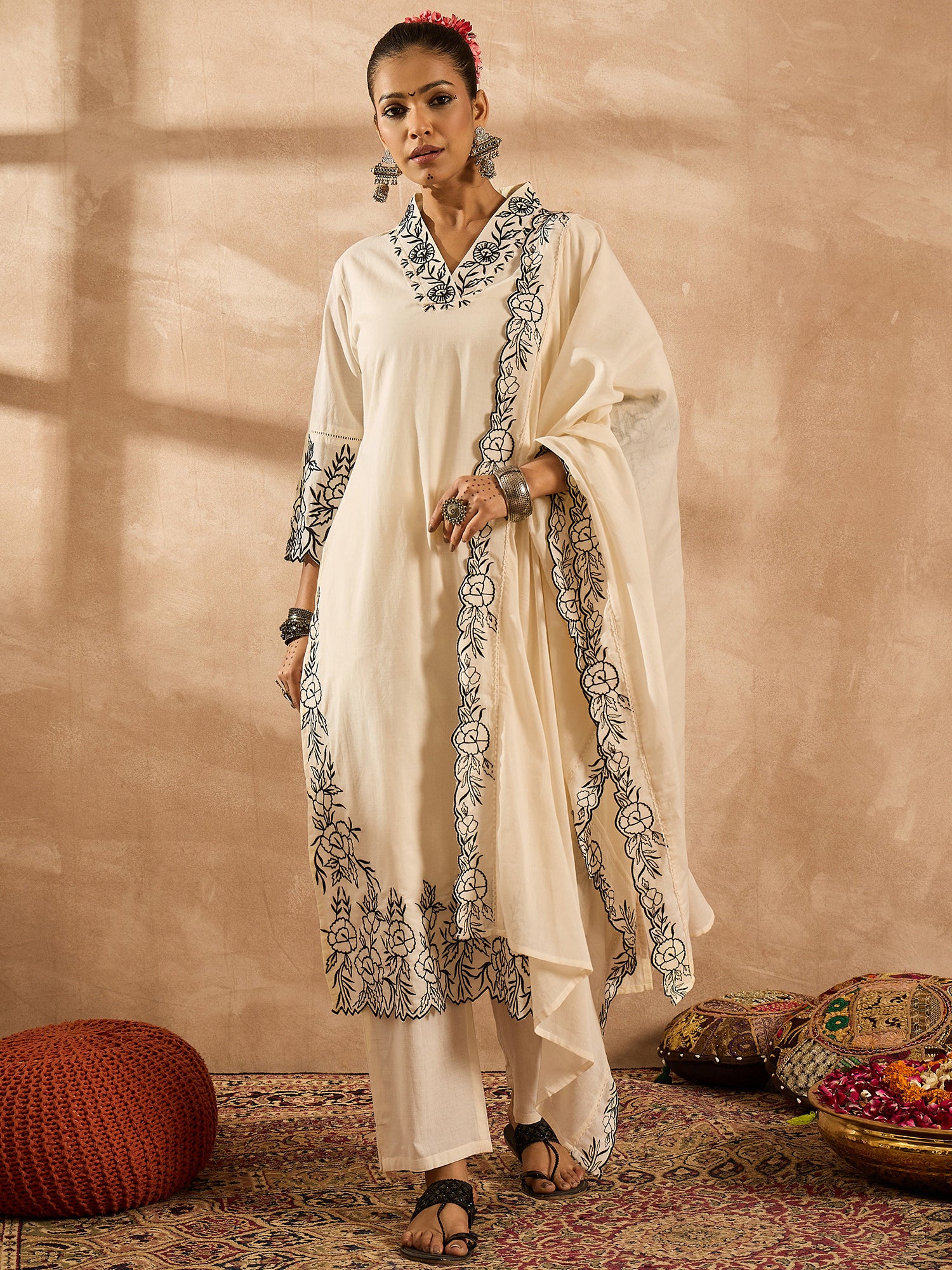 indo era, suit, kurta set for women, indo era kurta, kurta sets for ladies, summer dresses for women, 3 piece suit, cotton kurta set for women, new arrivals, women kurti plazo set, women in suit, kurta suit, floral kurta, short suit, spring summer, Off White suit