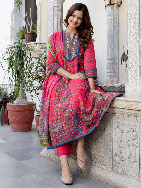 Indo Era Red Printed Anarkali Kurta Trousers With Dupatta Set