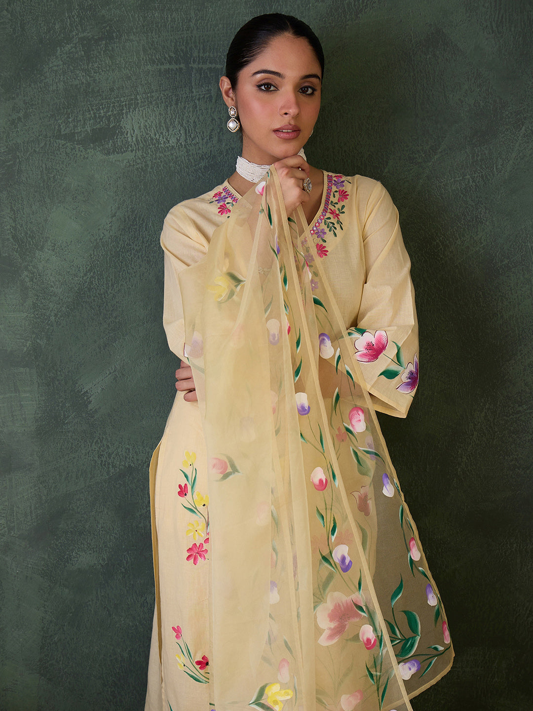 Yellow Embroidered Straight Suit Set With Dupatta