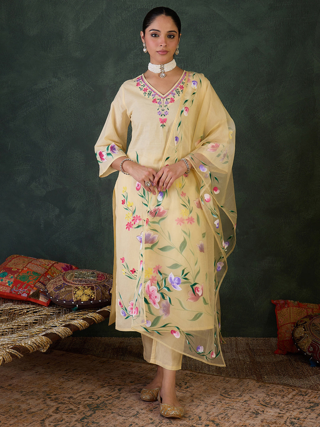 Yellow Embroidered Straight Suit Set With Dupatta