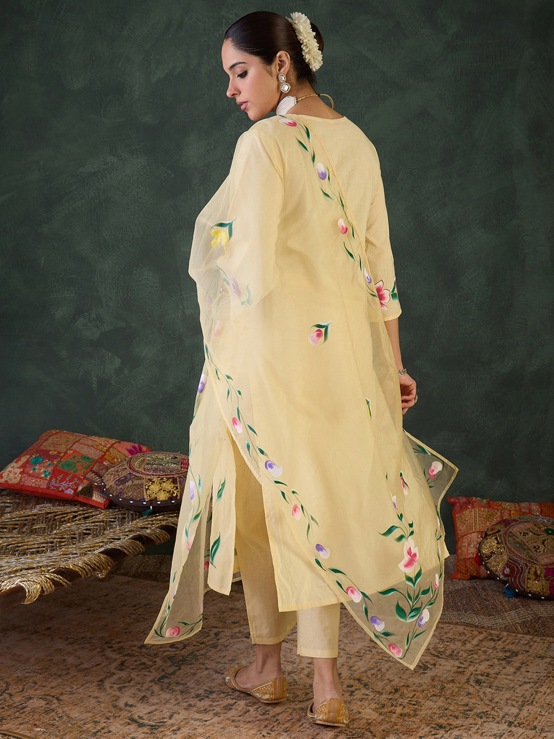 Yellow Embroidered Straight Suit Set With Dupatta